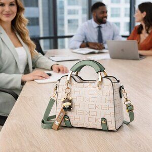 Letter Graphic Design Handbag Green & Beige Bag with Shoulder Strap
